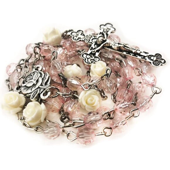 Lourdes Blush Pink Crystal Bead Rosary Necklace for Women with Virgin Mary Cente - Picture 4 of 6